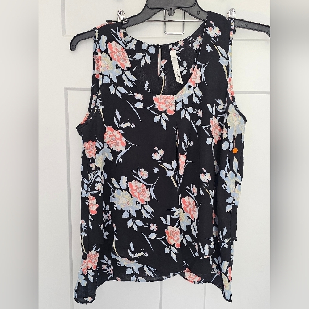 NY Collection Sleeveless Floral Blouse Black Pink Blue Large
